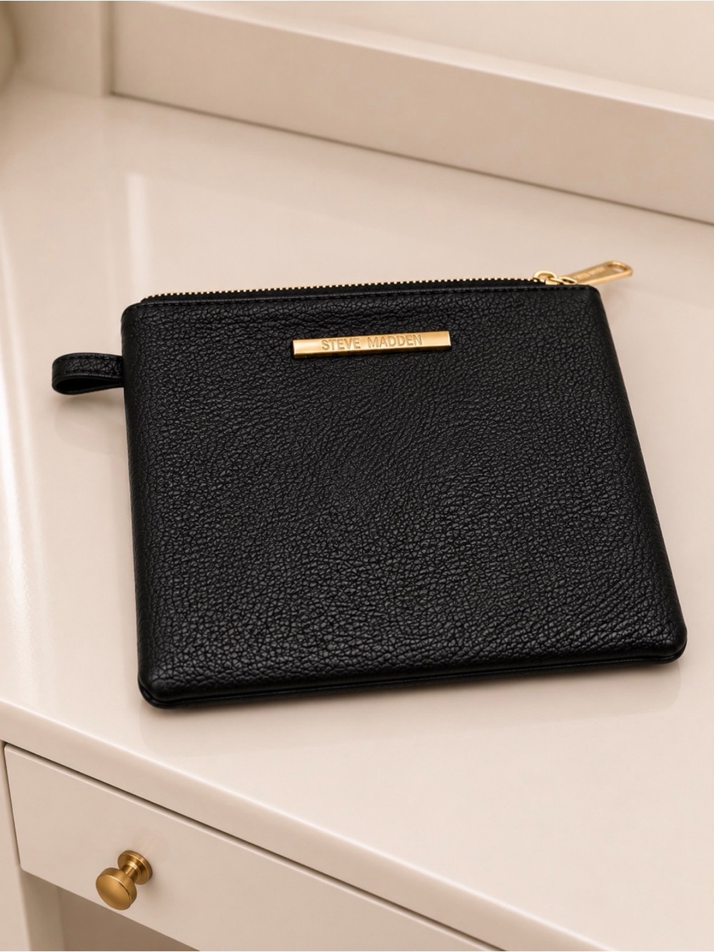 NWOT Steve Madden Black Pebbled Faux Leather Zip Pouch with Gold Accent